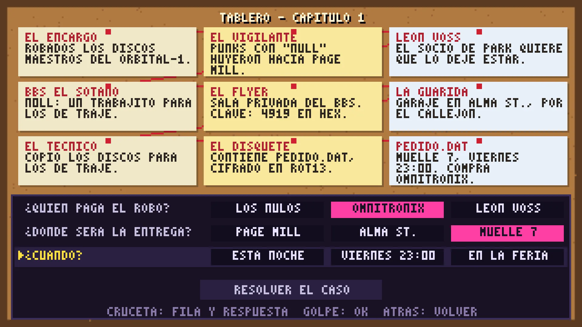 El tablero de deducción. Con las pistas que tienes, resuelves el caso.