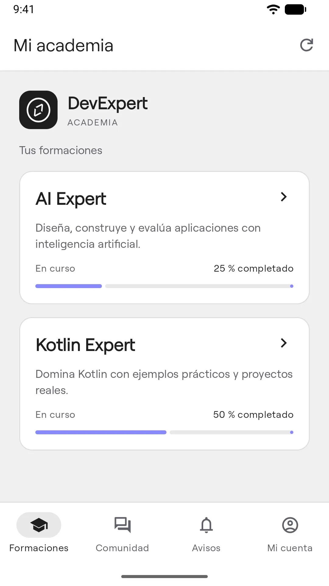 La app en Android, con tus formaciones y cuánto llevas de cada una.