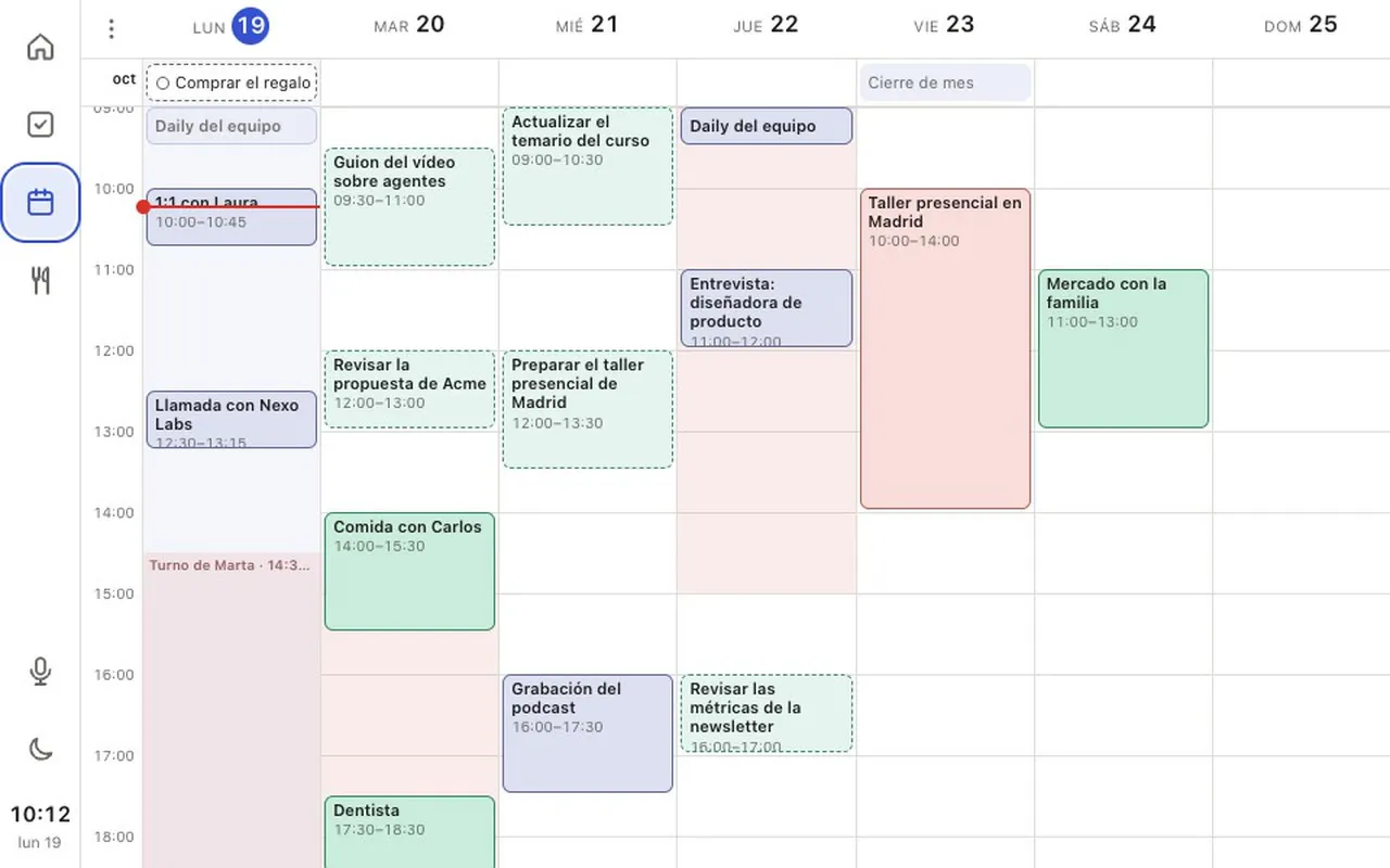 La semana, con los eventos de Google Calendar y los bloques de trabajo de cada tarea.