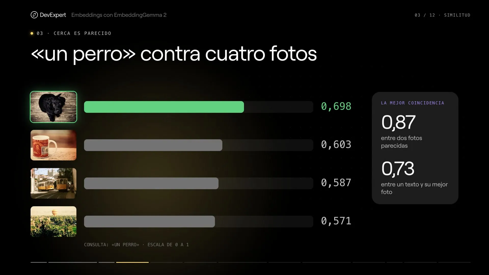 «un perro» contra cuatro fotos. Del vídeo de EmbeddingGemma 2.