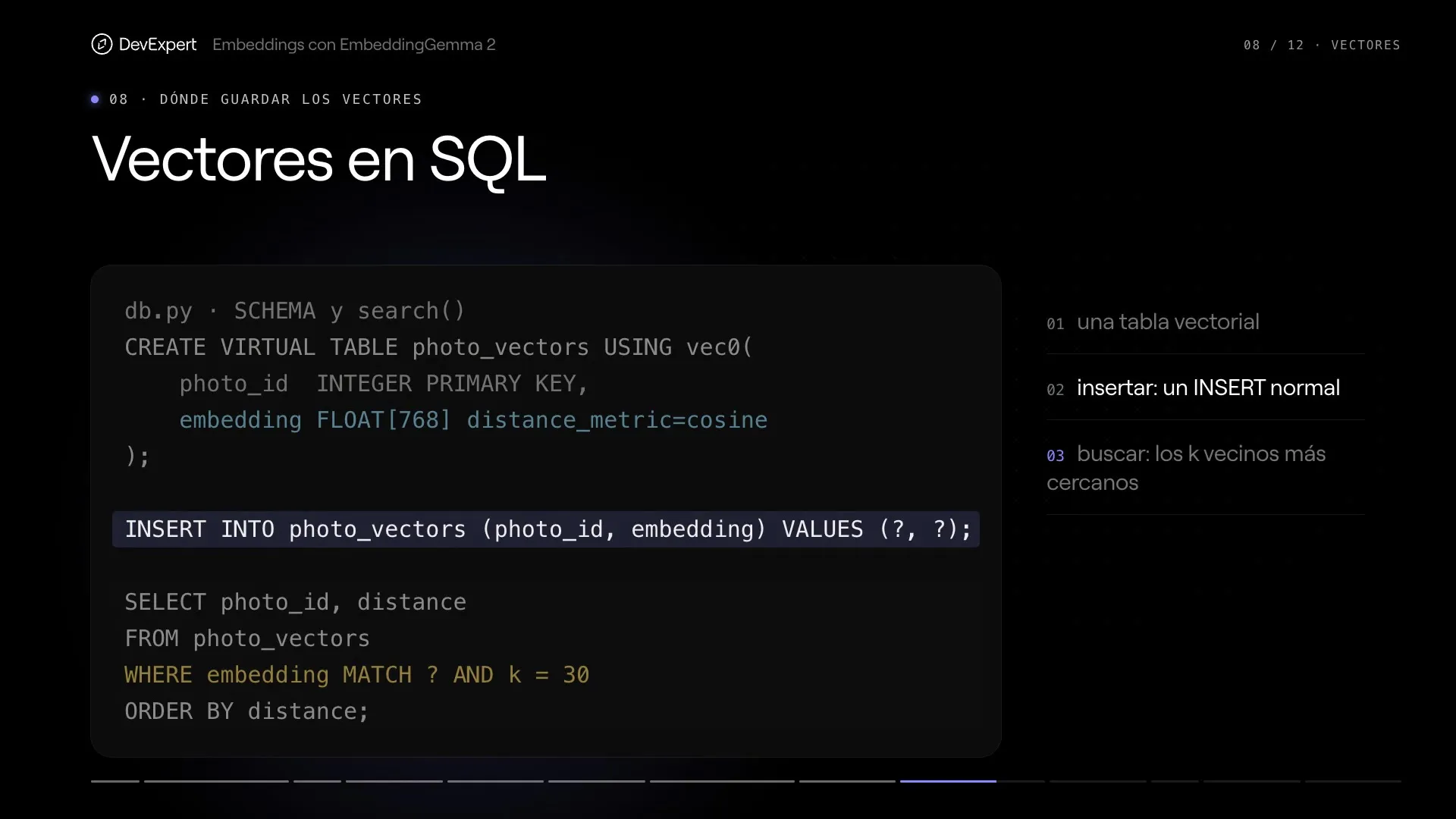 Vectores en SQL, con el código explicado al lado.