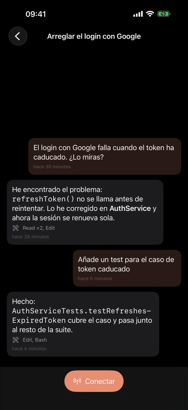 Los últimos mensajes de una conversación, con las herramientas que usó Claude y el botón para retomarla con Remote Control.