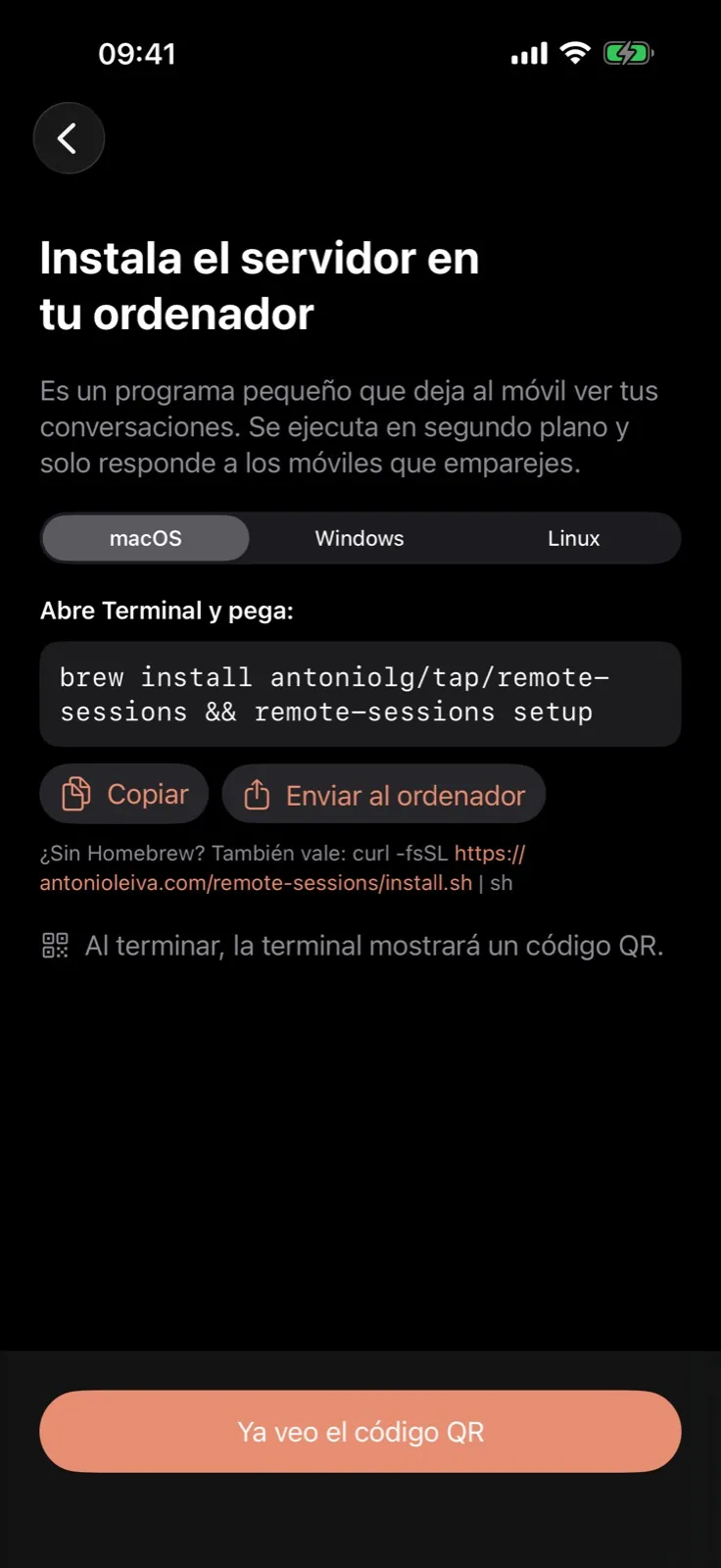 La instalación del servidor, con un único comando para macOS, Windows o Linux.