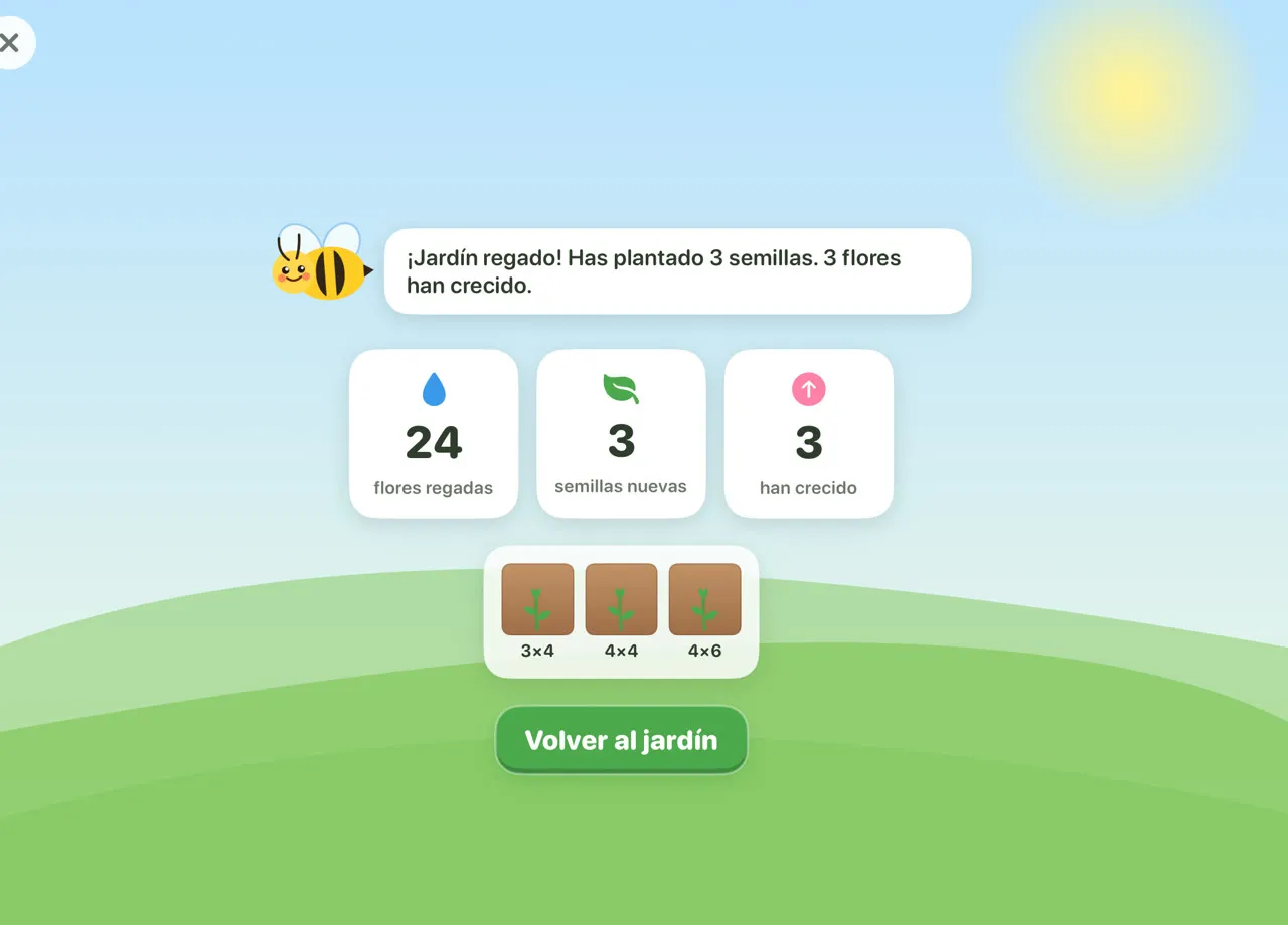 El resumen al terminar de regar, con las semillas plantadas y las flores que han crecido.