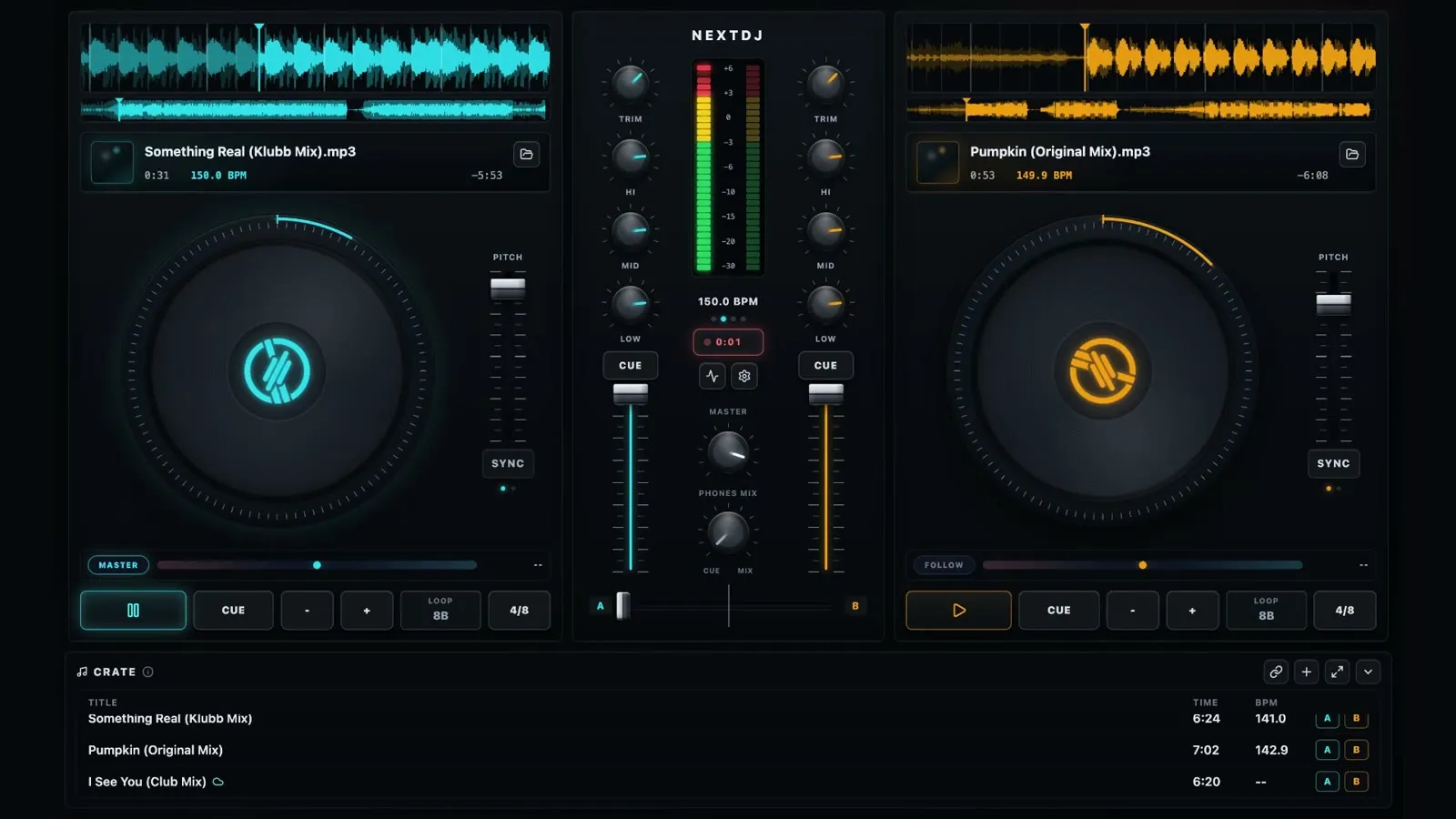 La consola en plena sesión, con pitch, EQ y VU meters.