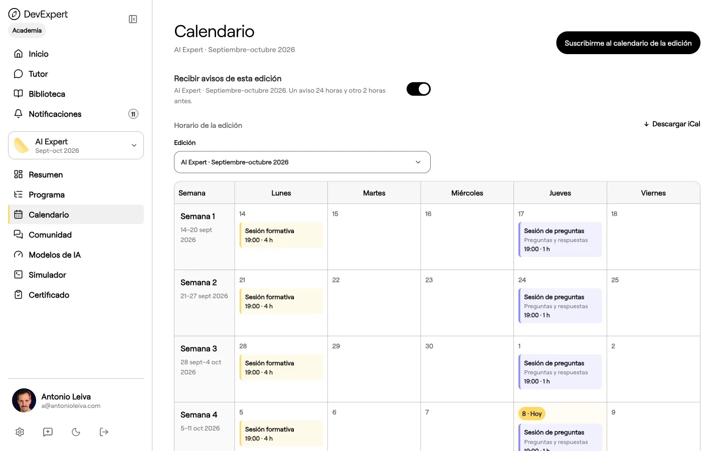 El calendario de la edición, con las sesiones formativas y las de preguntas.
