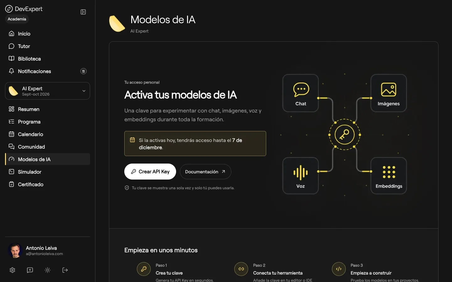 Modelos de IA. Cada alumno activa su clave para chat, imágenes, voz y embeddings.