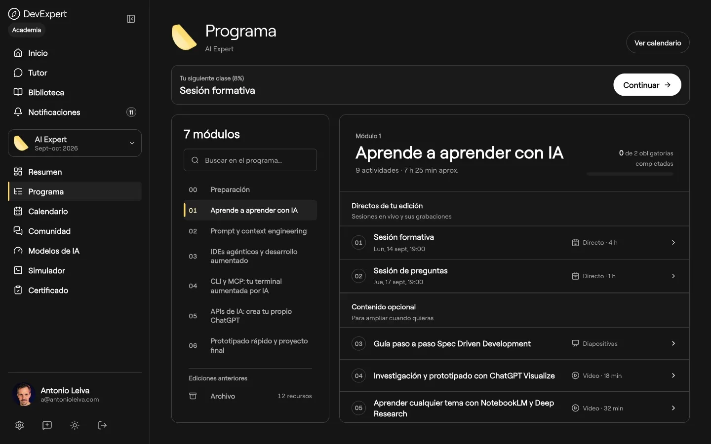 El programa de AI Expert, módulo a módulo, en modo oscuro.