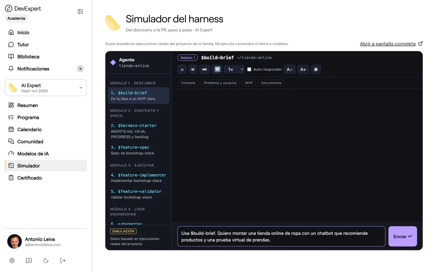 El simulador del harness, que enseña paso a paso lo que hace el agente en el proyecto del curso.