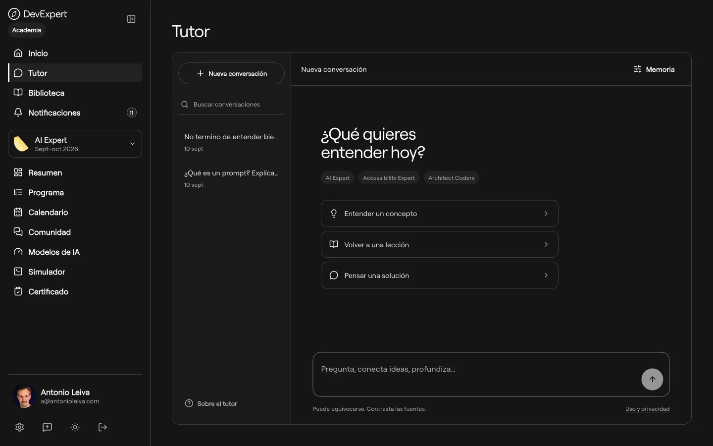 El tutor, para entender un concepto, volver a una lección o pensar una solución.