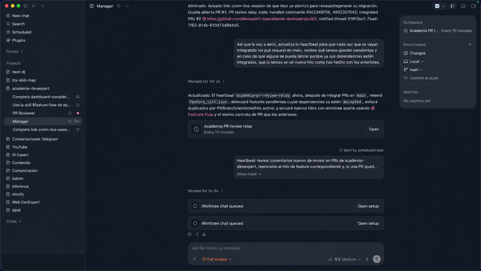Manager coordinating Codex work threads
